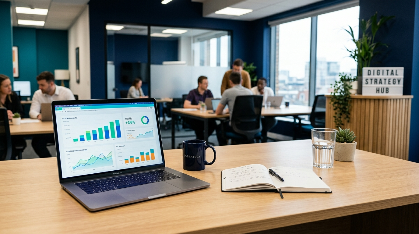 Laptop screen showing colorful marketing growth analytics on a clean desk