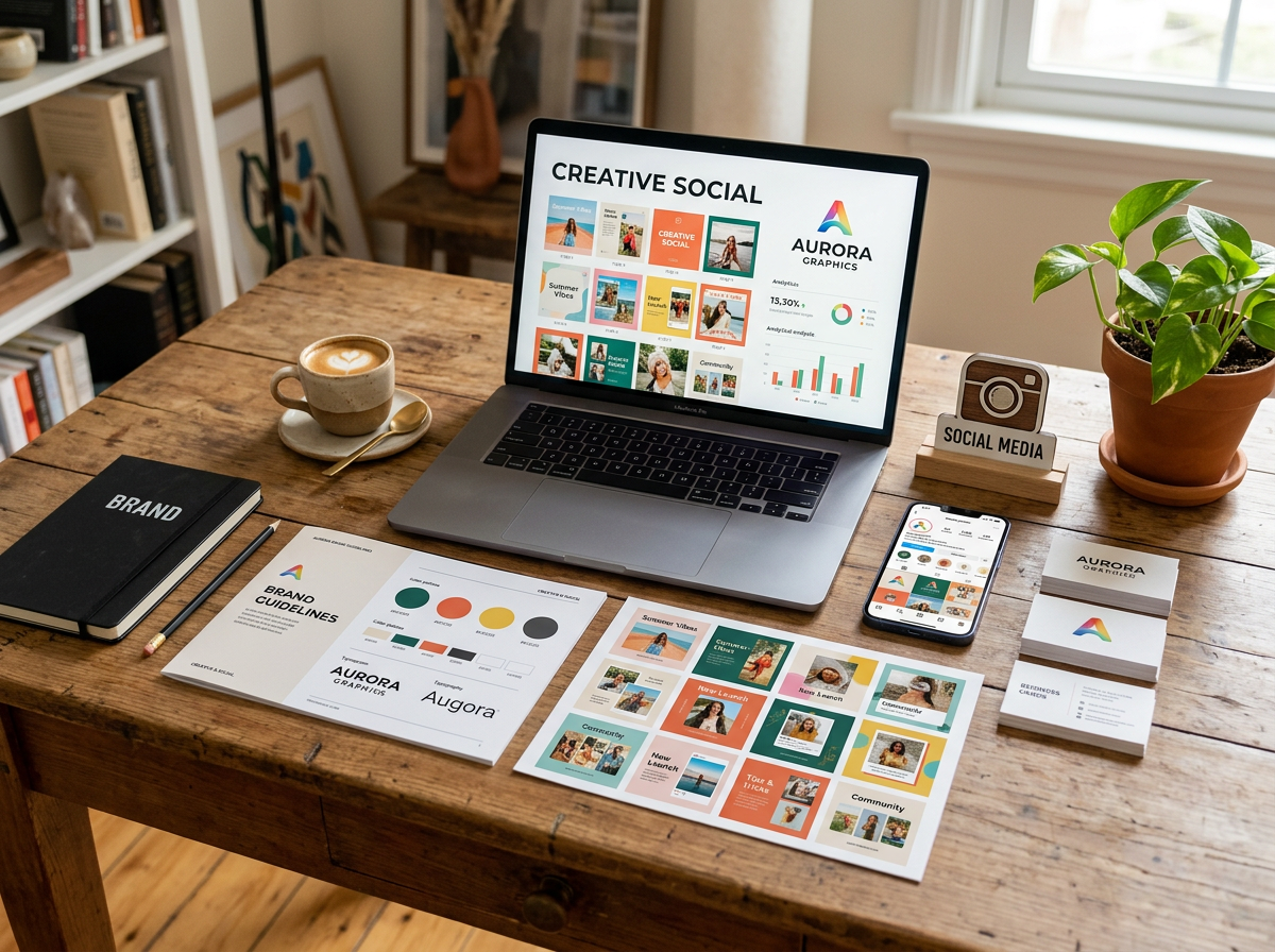 Social media brand asset suite laid out on a table