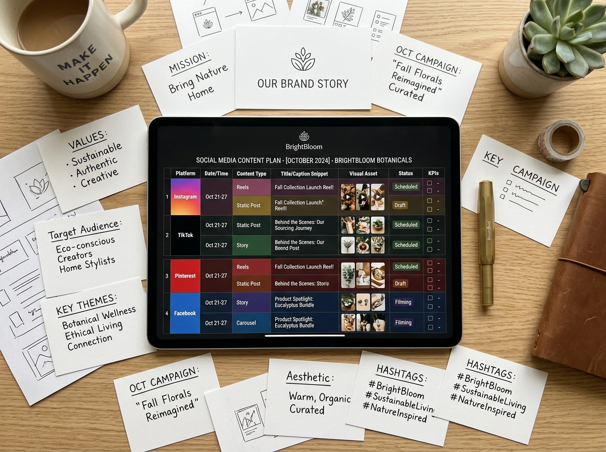 Organized social media content planning board on a tablet