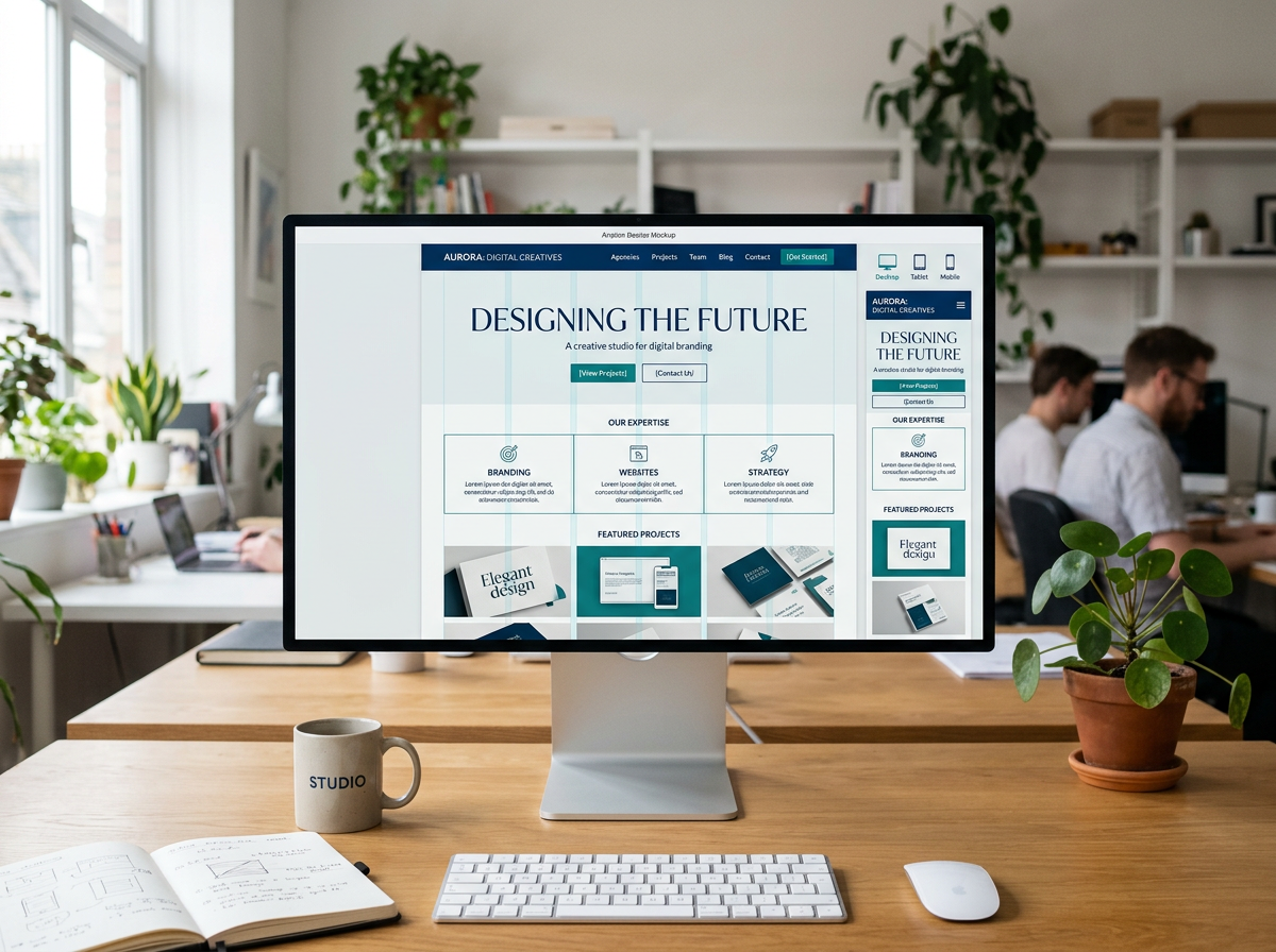 Modern responsive website design displayed on a desktop monitor